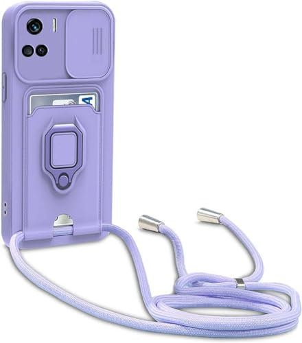 BGHHEU Mobile Phone Chain Protective Case, Compatible with Honor 90 Lite 5G, Mobile Phone Case with Band, Sliding Camera Protection, 360 Degree Ring Holder Stand, Card Slot, Adjustable Silicone