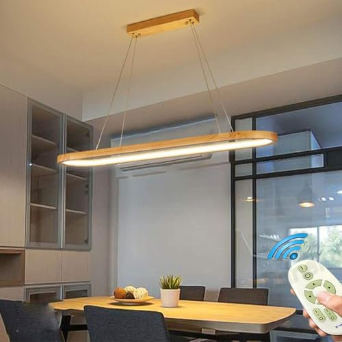 LED Pendelleuchte Holz Dimmbar Esstisch Hängelampe Höhenverstellbarer Esszimmerlampe Modern Kronleuchter mit Fernbedienung Wohnzimmer Tisch Deko Decke Hängeleuchte Küchen Hängend Lampen Beleuchtung
