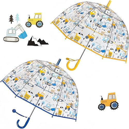 Rhomba Klar Transparente Blase Clear Bubble Umbrella for Children Lightweight Cute 8 Fibre Ribs Cute Dome See Through Perfect for Walking Kids Umbrella for Child (Blauer Bagger+Gelber Bagger)
