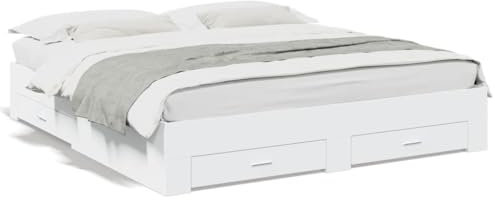 Rantry Bett mit Schubladen Stauraumbett Bettgestell Holzbett Bett Einzelbett Doppelbett Bettrahmen mit Lattenrost Jugendbett Schubladenbett Schlafzimmer Weiß 200x200 cm Holzwerkstoff