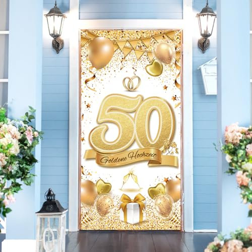 MONCAP Goldene Hochzeit Banner 90x180cm - 50 Jubiläum Hochzeitsbanner Gold Hochzeitstag Hintergrund - Goldhochzeit Hängende Deko für Innen Außen Garten