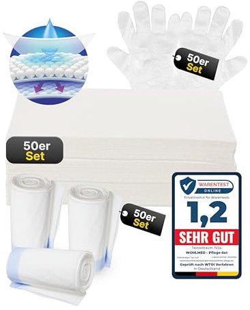 Wohlmed 50er Set dichte Toilettenbeutel und saugstarke Einlagen, inkl. 50 Paar Handschuhe, reißfest und auslaufsicher, hygienisch und geruchsbindend ideal für Bettpfanne, Toilettenstuhl und Camping