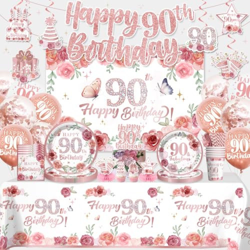 205Pcs Yingoto Rose Gold 90th Birthday Decorations Tableware Set, 25 Serves | No assembly disposable plates & napkins set, cake topper, backdrop, balloons, banner, for women rose gold 90th birthday party