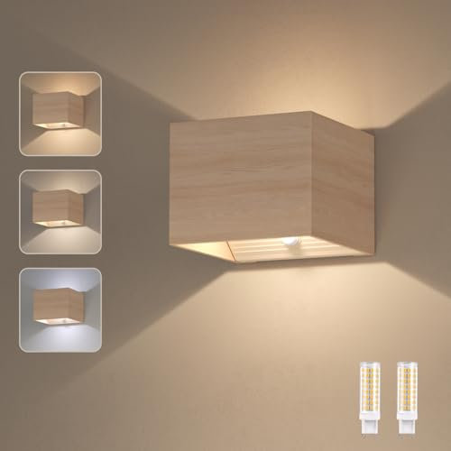 POWERBEAUTY Akku Wandleuchte innen mit Bewegungsmelder, LED Wandlampe USB Aufladbar Aussenbeleuchtung Warmweiß 2000mAh Wandleuchte Hölzerne Wandleuchte Innen/Aussen (1 Stück)