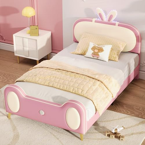 Ctastay Kinderbett Polsterbett 90x200 cm mit LED- Beleuchtung, Bett Einzelbett mit Kaninchen-Kopfteil, Familienbett Jugendbett mit Lattenrost, PU, Beige + Rosa (Ohne Matratze)