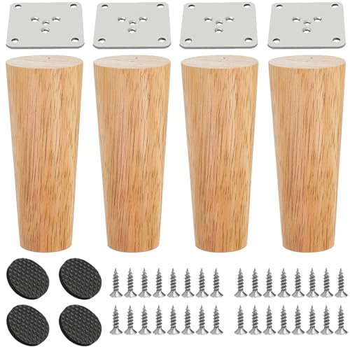 4 Pièces Pieds Meuble Bois Chêne Robuste Ronds 12cm, Jambe Support Canapé avec 32 Vis, Tapis Antidérapant et Plaques Montage, Pied Lit Rechange pour Table, Chaise, Bureau, Cuisine, Armoire, Fauteuil