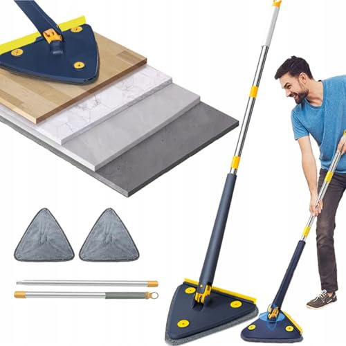 Hooha 2 in 1 Auswringfunktion Mopp Dreieck Wischmopp mit Teleskopstiel Stange 127cm Staubwischer Abzieher und 2 Mikrofaserbezug Wiederverwendbar Waschbar für Fenster/Glas/Boden/Badezimmer (Blau)