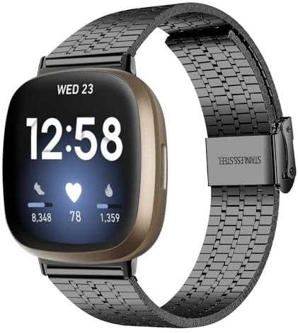 FiiMoo Métal Bracelet pour Fitbit Versa 4/Versa 3/Sense 2/Sense, Remplacement Bracelet, Réglable Bracelets, Métal Acier Maille Bracelets de Rechange de à Libération Rapide pour Homme Femme-Noir