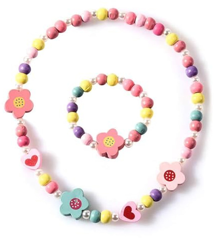 KSJEHW 2 Stück Schmuck für Mädchen, Armbänder für Mädchen, Schmuck-Set für Kinder aus Holz, bunte Halskette und Armband, Geschenk für Geburtstag, Party und Kostümzubehör (Blume 2)