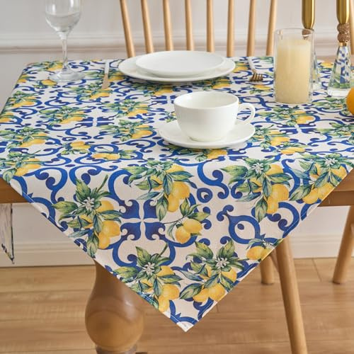 Tischdeko Zitrone Blau Tischdecke Garten Zitrone Modern Gelb Lemons Summer Polyester Abwaschbar Dekoration für Drinnen Draußen Herbst Esstisch Party Dekor Hochzeiten Feiertage Geburtstag 85 x 85 cm