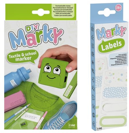 MARKY Stempel Set in Grün, mit schwarzer Tinte zum Beschriften verschiedener Gegenstände und Kleidung, inkl. Aufbügeletiketten Set, 28 Stück iron-on Labels, je 7 Motive