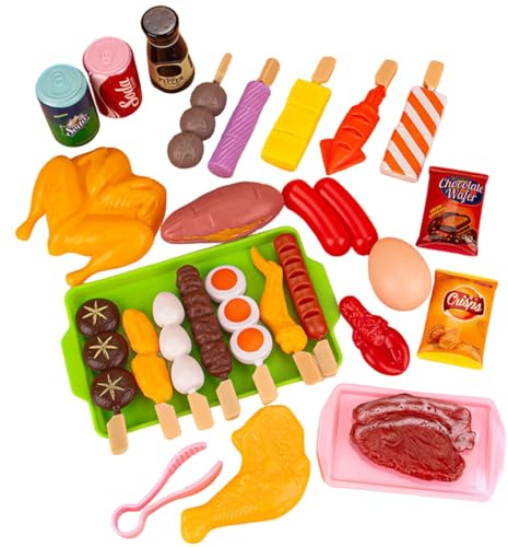 27PCS Play Grill Food Set, Realistic Educational Plastic Outdoor Play Kitchen Accessories for Boys Girls Toddlers