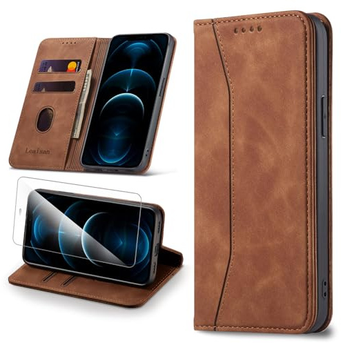 Leaisan Handyhülle für iPhone 12/iPhone 12 Pro Hülle [mit Panzer Schutz Glas] Premium Leder Ständer Kartenfach Magnetische iPhone 12/12 Pro Klapphülle Stoßfeste Flip Case Schutzhülle Tasche - Braun