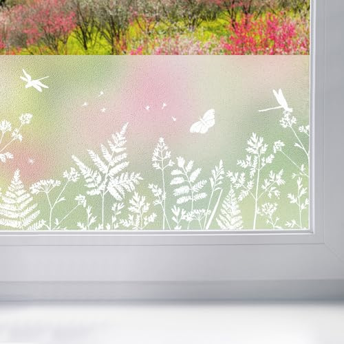 Fensterbordüre 20x150 cm | Fensterfolie statisch haftend ohne Kleber für einfache Montage | Fensterbilder für Fenster und Glasflächen | Fensterdeko wiederverwendbar | Wiese