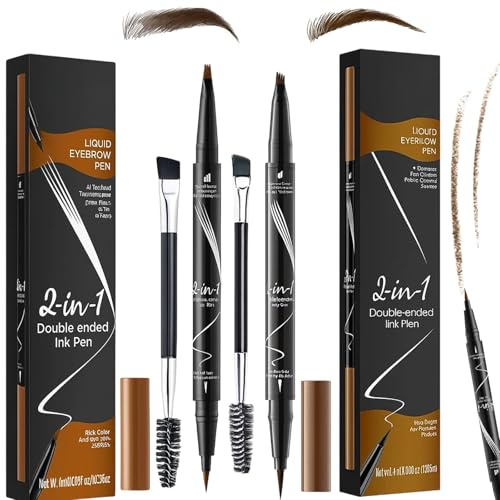 2 Pcs Eyebrow Pencil & Eyebrow Pen, 2-in-1 Microblading Tool with 4-Fork Tip, Waterproof Formula for Natural 3D Hair-Like Strokes, Long-Lasting & Smudge-Proof (Dark Brown & Light Brown)