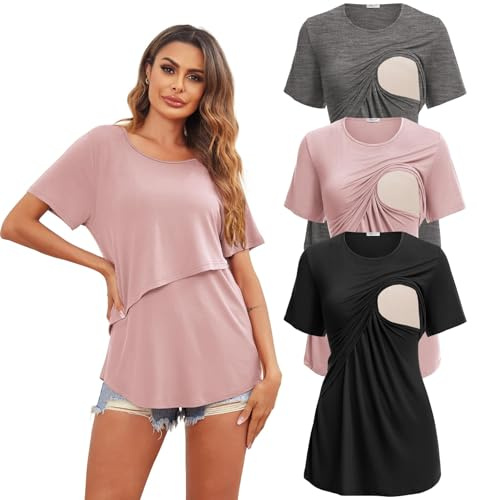 Ekouaer Confezione da 3 Magliette da Allattamento da Donna Manica Corta Gravidanza T-Shirt Estivi, Rosa + Grigio Scuro + Nero, M