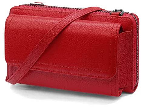 REETEE Handytasche zum Umhängen Leder Damen Handy Umhängetasche RFID Geldbörse Damen, Crossbody Bag Schultertasche mit 12 Kartenfächer und Verstellbarem Schultergurt (rot)