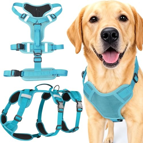 Racocou Ausbruchsicheres Hundegeschirr für mittelgroße und große Hunde, 3-Punkt-reflektierend, verstellbar, gepolsterter Griff, atmungsaktiv, bequem für Outdoor-Training, Spazierengehen, Schwarz