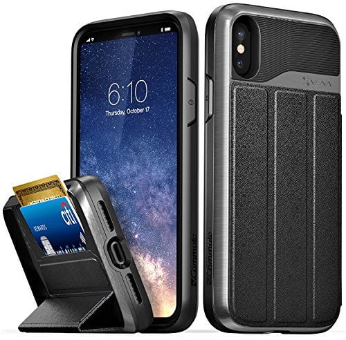 VENA iPhone X/XS Wallet Case, vCommute (Military Grade Drop Protection) Flip Leather Cover Card Slot Holder with Kickstand Designed for Apple iPhone X/XS (5.8-inch) - Space Gray