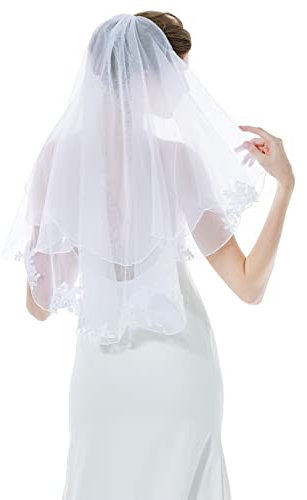 BEAUTELICATE Schleier Brautschleier mit Spitzen Softtüll Braut Hochzeit Schleier Weiß Ivory Fingerlänge mit Metall Kamm Kurbelkante 2 Schicht (Weiß, Fingerlänge-65cm*85cm)