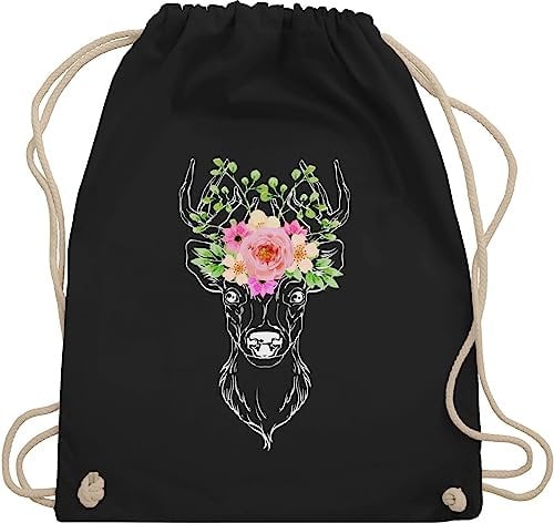 Turnbeutel Rucksack - Kompatibel mit Oktoberfest Tasche - Hirsch Blumengeweih Hirschgeweih Geweih - Unisize - Schwarz - dirndl-ersatz beutel oktoberfest-tasche bayern stoffbeutel trachtenrucksäcke