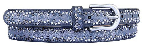 Zakatte • Damen schmaler Nietengürtel aus Kunstleder bis 105 cm BS028 (75 cm, Blau metallic)