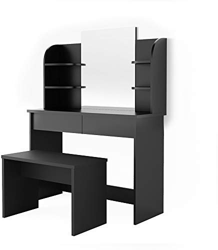 Vicco Schminktisch Charlotte, Kosmetiktisch mit Spiegel, Schwarz, 108 cm mit Bank