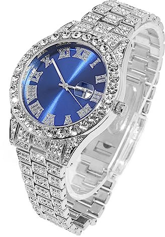 Halukakah Diamant Golduhr Iced Out, Männer Platin Weißgold Plattiert Quarz Armband 24cm Blaues Zifferblatt, Kommt mit Geschenkbox