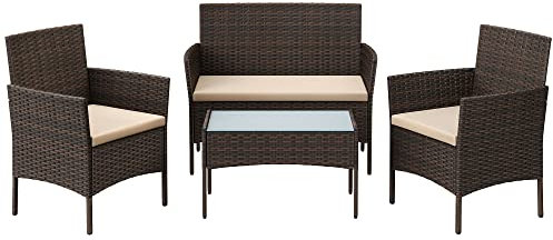SONGMICS Salon de Jardin Extérieur, Ensemble de Mobilier, Surface Tressée en PE, Table et Chaises, pour Terrasse, Jardin, Balcon, Marron et Taupe GGF004K05