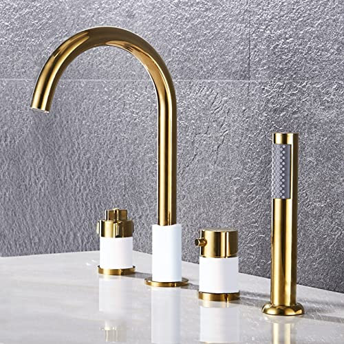 Wannenrandarmatur 4-Loch Badewannen-Armatur Wannenrand Badewanne Armatur Set Thermostat Badewannen-Armatur Wannenrandkombination für Badezimmer,Weiß+Gold