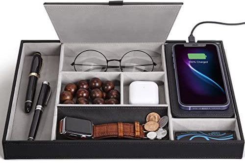 wireless future charger Valet Tray, Nightstand Organizer Charging Station, Leather Desk Drawer Organizer Tray with 7 Compartments for Jewelries, Watch, Key, Wallet, Phone, Black