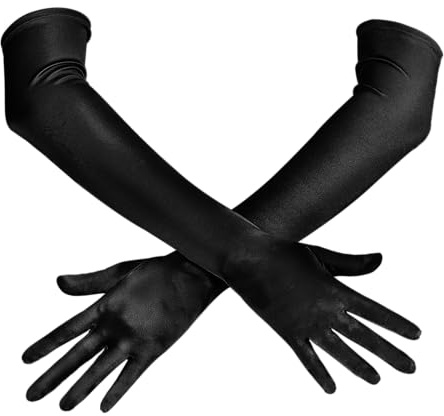 Spooktacular Creations Lange Opera Party Handschuhe Schwarz 20er Jahre Satin Kleid Handschuhe für Frauen, Schwarz Seide Dehnbare für Halloween Party Dress Up, Abendkleid, Hochzeit, Rollencosplay