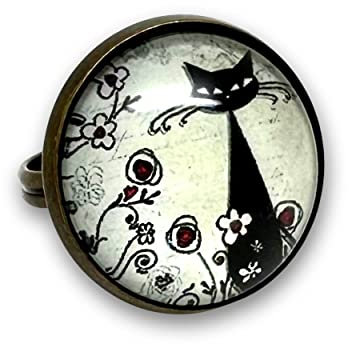 Bague fantaisie, cabochon en verre, vintage, rétro, originale, réglable et ajustable parure « Le chat parmi les fleurs », noir, rouge, beige (ref.33)