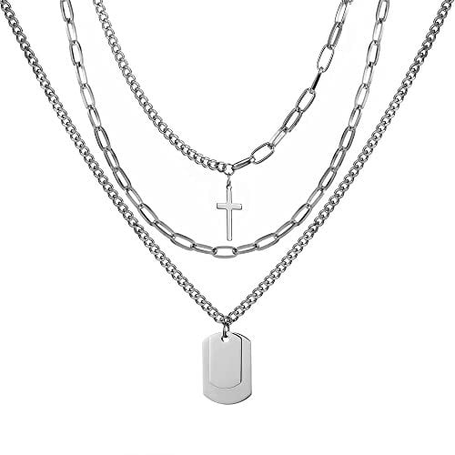 SZXMDKH Rocker Pendant Necklace, Punk Necklace 925 Sterling Silver Necklace Chain Long Chain Necklace Choker Punk Long Chain Necklace Cross Long Multilayer Chains Statement Lock Key Pendant Necklace