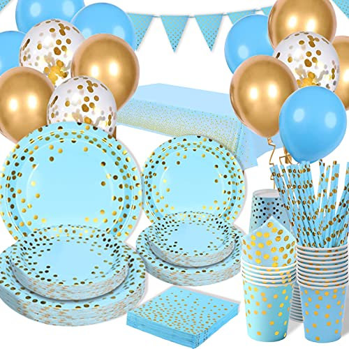 Partygeschirr Blau und Gold, 20 Gäste Kindergeburtstag Set, 140 Stück Pappteller mit Luftballons, Pappteller, Papierbecher, Servietten, Stroh, Partydeko Tischdeko für Hochzeitsfeier, Geburtstag