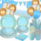 Platos Vajilla para Fiestas Cumpleaños, 25 Invitados Vajilla con Globos, Platos y Vasos de Papel, Servilletas, Paja, para Fiestas, Boda, Aniversarios, Halloween, Navidad, 140 piezas, Azul y Oro