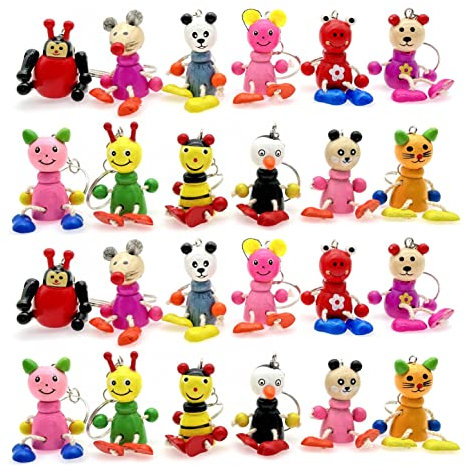 JZK 24 x Niedliche Kinder Holz-Tier Schlüsselanhänger-Set für Kindergeburtstag Gastgeschenke, Kinder Partytütenfüller, Werbegeschenke Geschenke für Jungen Mädchen Rucksack-Charms