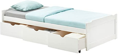 IDIMEX Bett MIA aus massiver Kiefer in weiß, schönes Funktionsbett mit 3 Schubladen, praktisches Jugendbett mit Liegefläche 90 x 190 cm