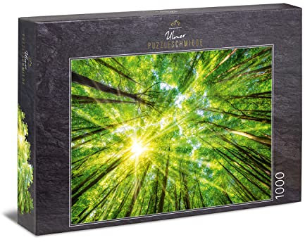 Ulmer Puzzleschmiede - Puzzle „Licht und Schatten“ - Stimmungsvolles Wald-Puzzle mit 1000 Teilen - Die Sonne scheint durch die Baum-Wipfel beim senkrechten Blick vom Wald-Boden zum Himmel