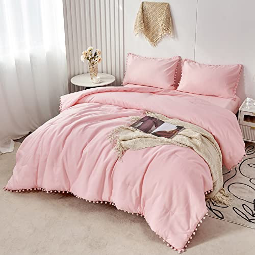 PERFEMET Pinkes Bommel-Bettwäsche-Set für Queen-Size-Betten (228,6 x 228,6 cm), 5-teiliges Boho-Bettwäsche-Set mit weichen Mikrofaser-Daunen, alternativer Steppdecke, Bett in einer Tasche für Mädchen