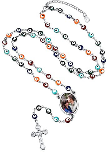 FindChic Herren Edelstahl Rosenkranz Kugelkette, Kruzifix Damen Auto Rosenkranz Halskette mit Bild, Namenskette, Silber