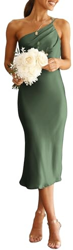 PRETTYGARDEN Damen Midi-Satinkleid, eine Schulter, Spaghettiträger, rückenfrei, gerüscht, Sommer, figurbetonte Kleider