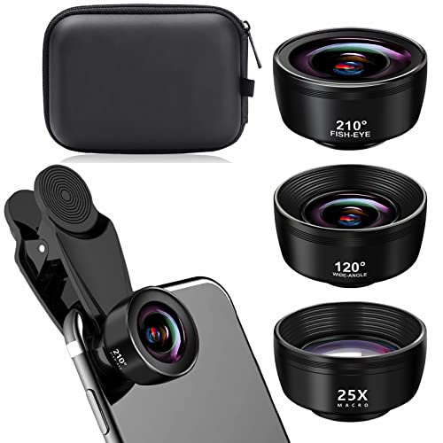 YSYONEBOE Phone Camera Lens Kit, Upgraded 3 in 1 Phone Lens Kit 210 Fisheye Lens + 25x Macro Lens + 120 Super Wide-Angle Lens for iPhone Samsung Android Smartphone