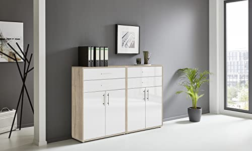 BMG Möbel Aktenschrank Office Edition Set 17, Büroschrank mit Metallgriffen Made in Germany (Eiche Sonoma/Weiß Hochglanz)