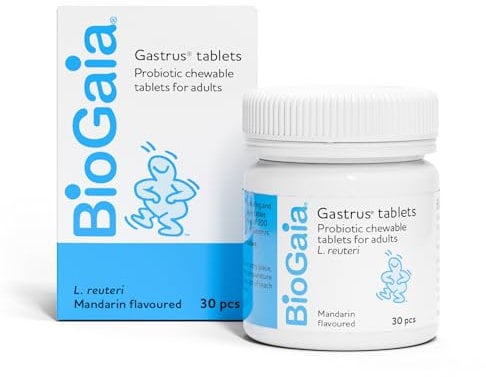 BioGaia Gastrus Probiotics for Gut Health | Bacterial Cultures with L. Reuteri to Balance Gut Flora | Dual Strains of Patented Lactobacillus Reuteri | 30 Chewable Supplement Tablets - Mandarin Flavour