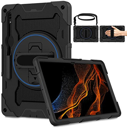 ROSROME for Samsung S8 Ultra Tablet Case 14.6 inch 2022,Heavy Duty Shockproof Galaxy Tab S8 Ultra Case SM-X900/X906 with Screen Protector & Rotating Stand & Shoulder Strap & Pencil Holder,Black