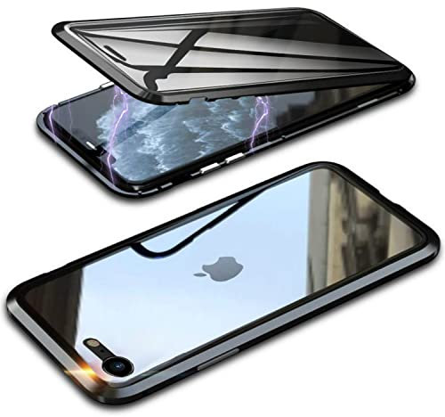 Privacy Case for iPhone SE 2020/2022 & iPhone 8/7 Magnetic Phone Case,Front and Back Tempered Glass 360° Full Body Case,Metal Bumper with Anti Peep Screen and Crystal Clear Back Cover,Black
