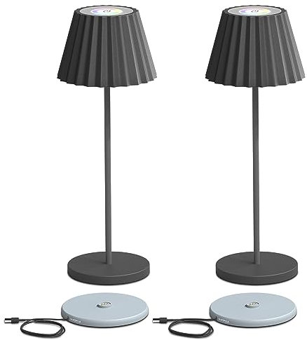 2 Stück Wiederaufladbare Kabellose Akku Tischlampe mit Ladestation, RGBW Dimmbare Batteriebetriebene Lampe, IP54 Wasserdicht, Lange Batterielebensdauer Nachttischlampe für Restaurant (Graue)