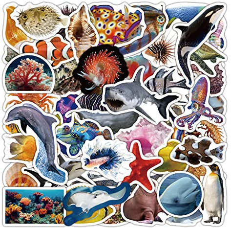 Meerestiere Sticker 50 Stück, Meereswelt Ocean Fische Aufkleber für Kinder Helm Laptop Kindle