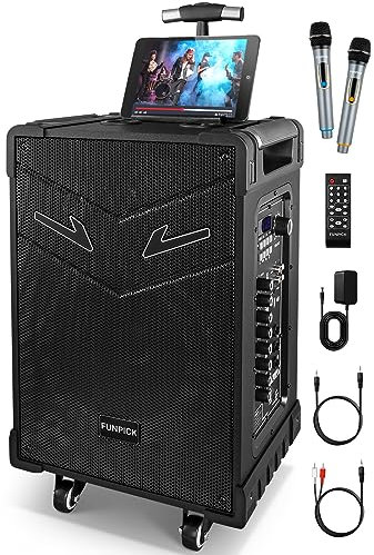 FUNPICK Karaoke Maschine mit 2 mikrofonen, 3-Wege PA anlage Komplettsets Professional Rechargeable für Kinder Erwachsene tv, Lautsprecher musikbox Bluetooth/USB/FM/Aufnahme FTSK10-3